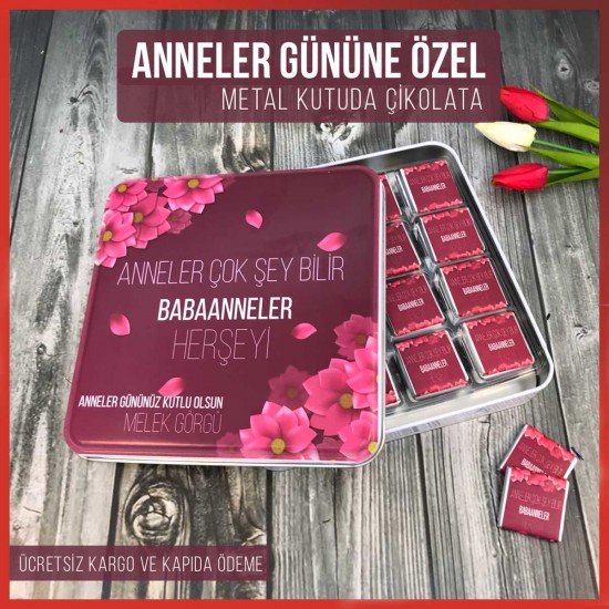 Anneye Çikolata - Anneler Günü Pembe Çicekli (Babaanne) Kare Metal Kutu A2033