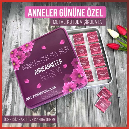 Anneye Çikolata - Anneler Günü Pembe Çicekli (Anneanne) Kare Metal Kutu A2034