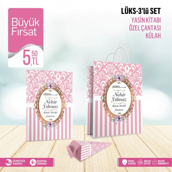 Pembe Çiçekli 3'lü Mevlid Seti - S019