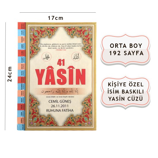 Mevlid İçin İsme Özel Örtücü Yasini Şerif Cüzü Orta Fihristli - Y004