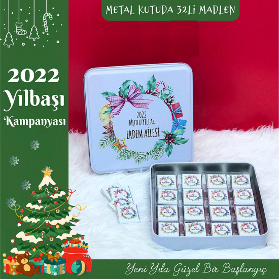 Yılbaşına Özel Uv Baskılı Kare Metal 32'li Çikolata - Y2036